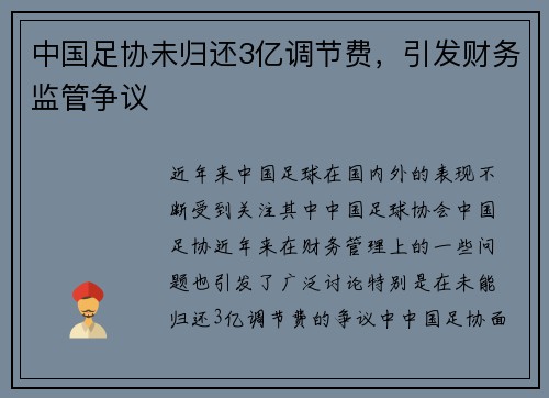 中国足协未归还3亿调节费，引发财务监管争议